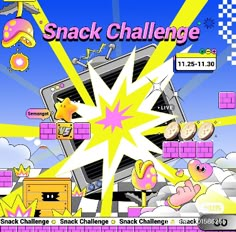 an advertisement for the snack challenge with cartoon characters in front of clouds and lightnings