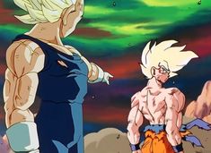 two young gohan standing next to each other in front of a sky with clouds