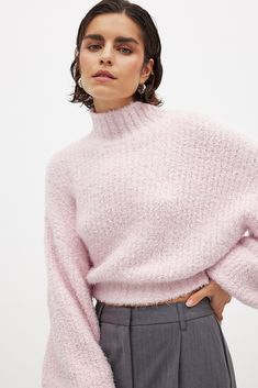 Fluffy Knitted Turtleneck Sweater Pink Funnel Neck Sweater Outfit, Pink Turtleneck Outfit, Sapphic Vampire, Romanticizing Winter, Pink Turtleneck Sweater, Pink Turtleneck, Knitted Turtleneck, Fluffy Sweater, Funnel Neck Sweater