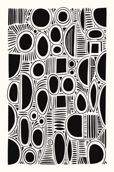 an abstract black and white pattern with circles, lines, and rectangles on it