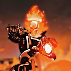 a skeleton riding on the back of a motorcycle with flames coming out of its head