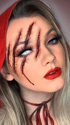 Red Riding Hood Makeup, Scar Makeup, Devil Makeup, Creepy Makeup, Gyaru Makeup, Halloween Coustumes, Cool Halloween Makeup