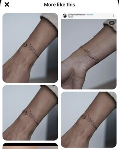 four different pictures of someone's wrist and arm with tattoos on the other side