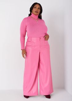 Faux Leather Wide Leg Pants, Fandango Pink Leather Wide Leg Pants, Sleek Pants, Wide Leg Pants Plus Size, High Fashion Couture, Plus Size Trendy, Pink Trousers, Pants Plus Size, Faux Pearl Earrings, Ribbed Turtleneck