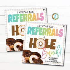 two flyers with donuts and sprinkles for referrals on them