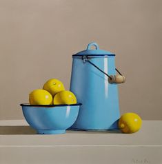 a painting of lemons in a blue bowl next to a teapot and two lemons