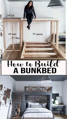 the bed frame is made out of wood and has been built to look like a bunk