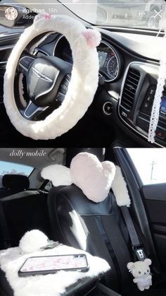 the interior of a car is decorated with white fur and teddy bear ears on it's steering wheel