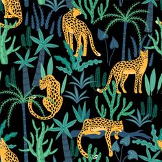 leopards in the jungle on black background with green plants and palm trees, seamless pattern