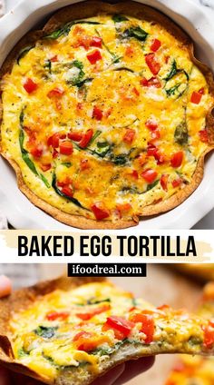 baked egg tortilla with spinach and tomatoes in a white dish on a plate