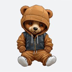 a brown teddy bear sitting on the ground wearing a hoodie