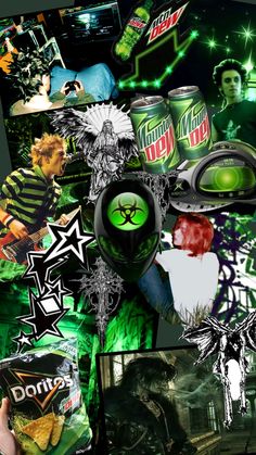 a collage of various images with green and black items in the background, including cans of soda