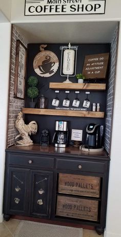 the coffee shop has many different types of items on display, including shelves and drawers