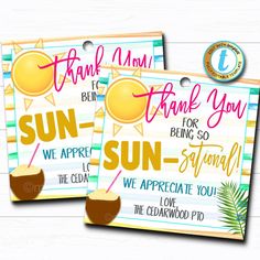 two thank cards with the words sun and coconuts on them, one is for someone who