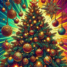 a brightly colored christmas tree with ornaments on it