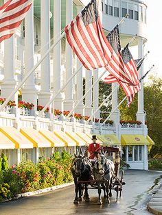 two horses pulling a carriage with an american flag on the side of it in front of a large white building