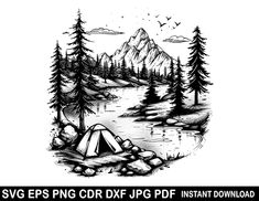 an image of a camping scene with mountains and trees