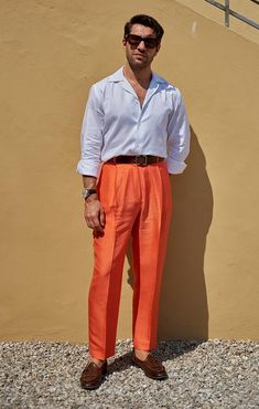 Bright Mens Outfits, Orange Trousers Outfit, Orange Outfit Men, Mens Wedding Guest Outfit, Disco Chic, Trousers Outfit Men, Sunset Soiree, Cocktail Attire Men, Sunset Party