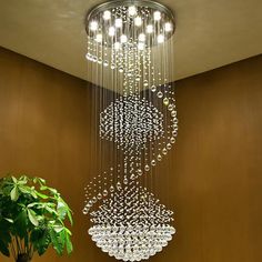 a large chandelier hanging from the ceiling in a room next to a potted plant