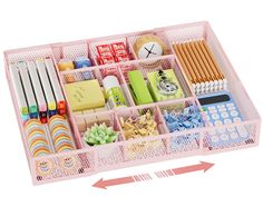 a pink plastic drawer filled with lots of different items and pencils on top of it