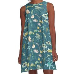 Loose-fit, mid-length sleeveless dress with silky handfeel. Printed on both sides. Machine washable. Size range XS-2XL. Watercolored ocean fish and cephalopods and more. Ocean Fish, Fish Print, Ocean Creatures, Printed Dress, Dress For Sale, Both Sides, Mid Length, Dresses For Sale, A Line Dress