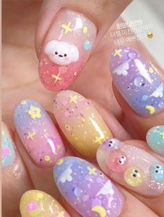 Kawaii Nail Designs For Short Nails, Splatoon Nails, Steven Universe Nails, Cute Japanese Nails Kawaii, Kawaii Short Nails, Kawaii Nail Art Korean, Candy Kawaii Nails, Usahana Sanrio Nails, Usahana Nails