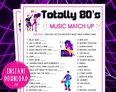 a poster with the words totally 80's music match up on it and an image of