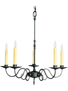 a chandelier with five lit candles hanging from it's center and four arms