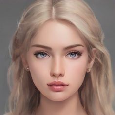 a woman with blonde hair and blue eyes is shown in this digital painting style image