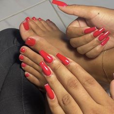 Red Toe Nails Black Women, Red Nails And Toes Matching, Red Acrylic Toe Nails, Red Acrylic Toes, Red Nails And Toes, Red Nails Black Women, Red Pedicure Ideas, Red Toe Nails, Signature Nails