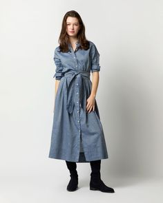 This is our classic shirtwaist dress that we've been running since the very beginning, made up in one of our go-to fabric: a medium-weight Italian chambray in a near-even blend of cotton and linen. The shape is quintessentially feminine with a tiny waist, a full skirt, and self-belt sash. Ann Mashburn, Shirtwaist Dress, Buckle Shoes, Liberty Fabric, Dress Gift, Fall Shopping, Full Skirt, Fall Dresses, Chambray