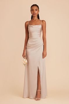 Lydia Mocha Cowl Neck Matte Satin Bridesmaid Dress | Birdy Grey Classy Champagne Dress, Champagne Color Dresses, Champagne Bridal Party Dresses, Satin Prom Dress With Cowl Neck, Prom Dresses Gold Champagne, Evening Bridesmaid Dress With Ruched Bodice In Satin, Ruched Cowl Back Gala Dress, Satin Bridesmaid Dress With Ruched Bodice For Prom Season, Pre-draped Ruched Bridesmaid Dress