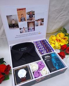 the men's shirt and tie gift box is open to show it's contents