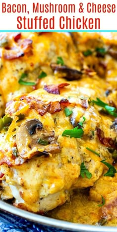 bacon, mushroom and cheese stuffed chicken in a pan