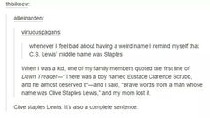 Clive Staples Lewis, you were named after to great people. One of them was office supplies, and he was, probably the bravest man I ever knew. Clean Funny Pictures, Chronicles Of Narnia, Clean Humor, Funny Pins, Narnia, Tumblr Posts, Tumblr Funny, Funny Posts, Book Nerd