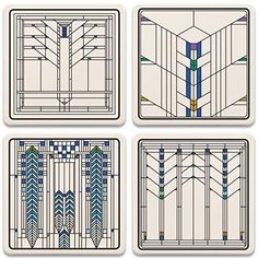 four coasters with art deco design in blue, green and white colors on them