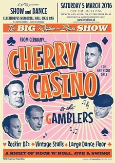 a poster for the cherry casino and gambling club, featuring four men in different poses