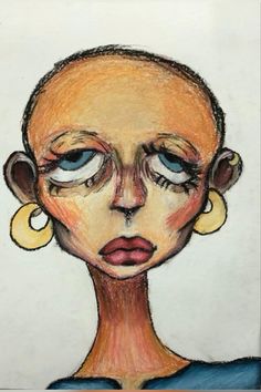 a drawing of a woman's face with blue eyes and yellow earrings