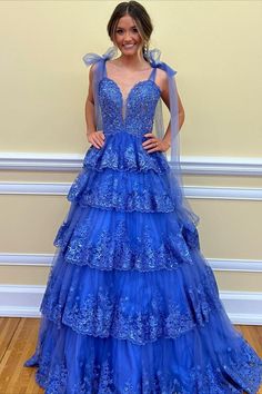 Blue Tie Shoulder Layered Formal Dress Layered Prom Dress, Lace Prom Dress, Blue Tulle, Plunging Neck, Custom Size Dresses, Skirt Long, Dresses 2024, Short Prom, Tulle Fabric