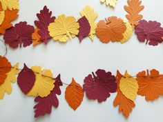 autumn leaves are hung on a string with twine for garland or wall hangings