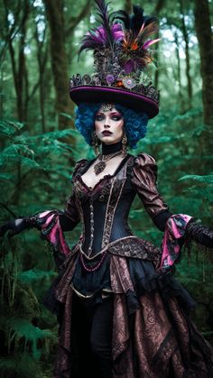 a woman with blue hair wearing a costume in the woods