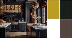 an image of a kitchen with black cabinets and marble counter tops in shades of gold