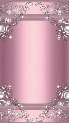 a pink and silver background with swirls and pearls on it's edges is shown