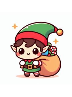 a cartoon character with a christmas hat holding a bag and wearing an elf's outfit