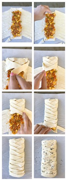 the process to make an uncooked tortilla wrap is shown in multiple stages