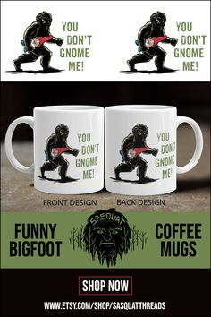 two coffee mugs with an image of a gorilla holding a guitar and the words you don't gnome me