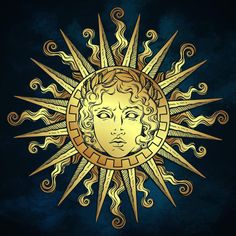 the sun with a face in gold on a black background stock photo - 54978