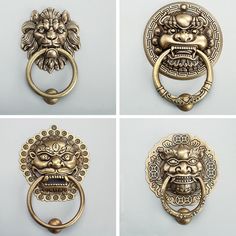 four different types of door handles with lions on them