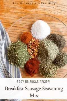 the ingredients for breakfast sausage seasoning mix on a glass plate