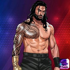 a drawing of a man with long hair and tattoos on his chest, wearing black shorts